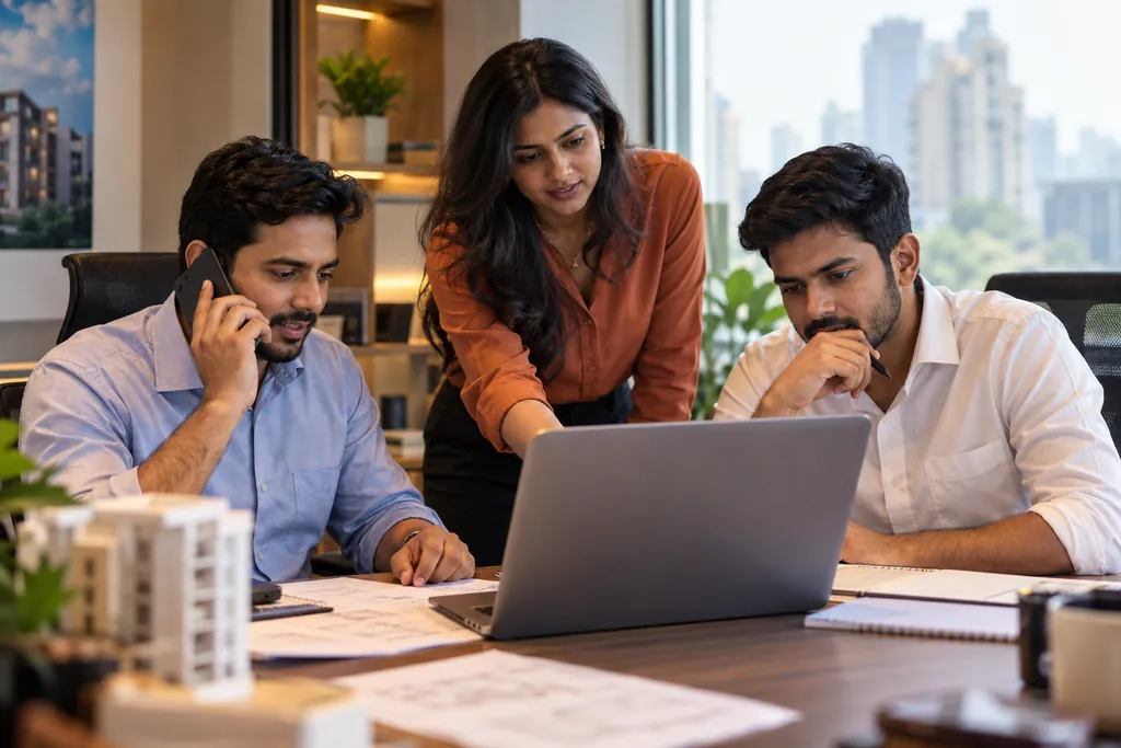 Three colleagues in a small office working together at a laptop